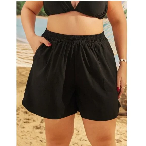 Women's Plus Size Slant Pocket Elastic-Waist Black Swim Shorts Size 3X (18) - Picture 4 of 4